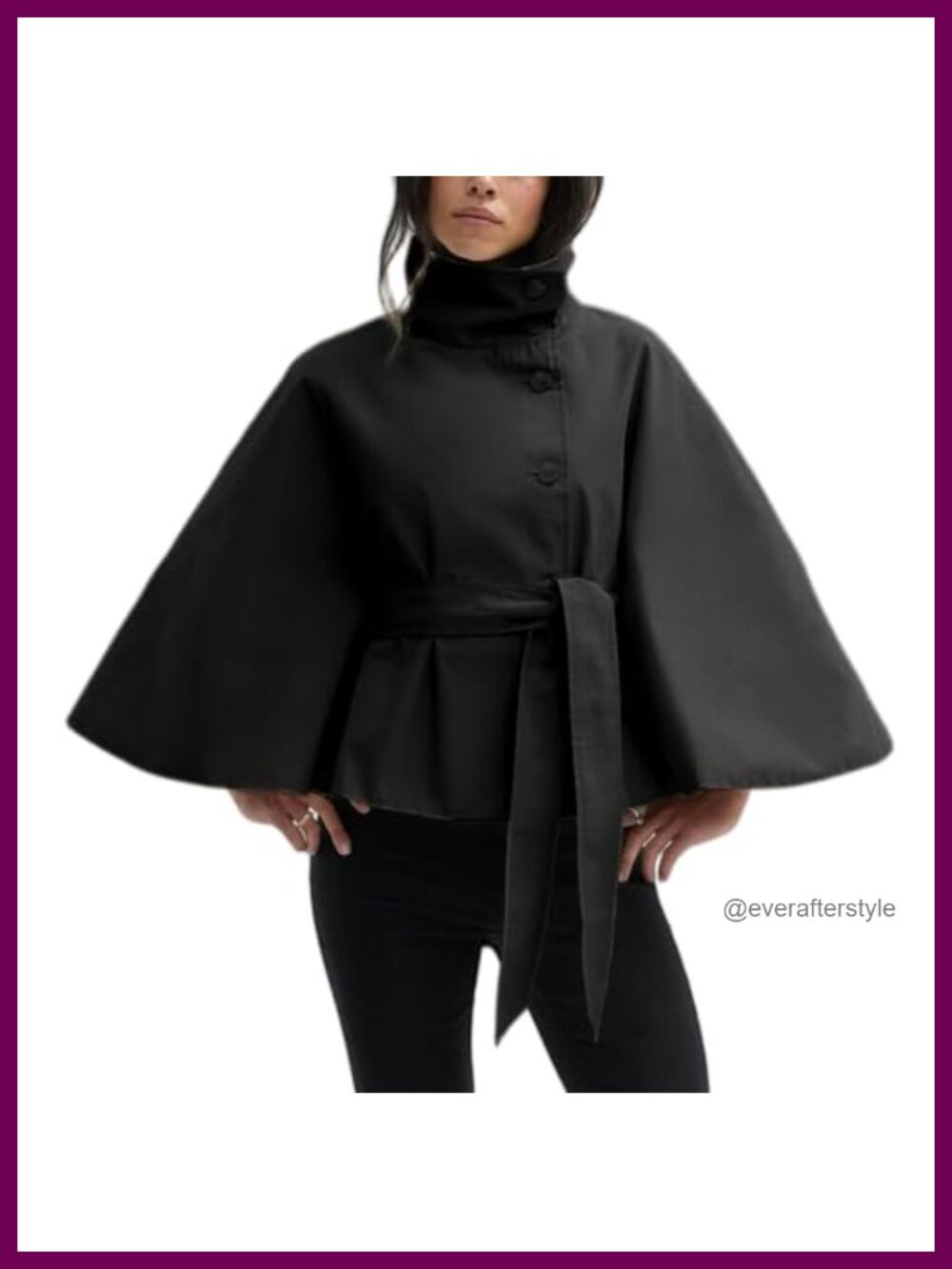 Womens Short Cape Trench Jacket High Collar Batwing Sleeve Belted Coat